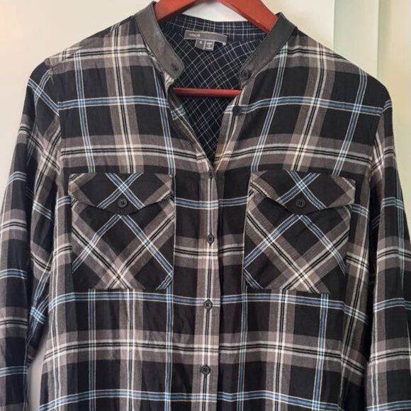 VINCE black and blue button-down plaid shirt with lamb leather collar, Size 4 - Picture 2 of 4